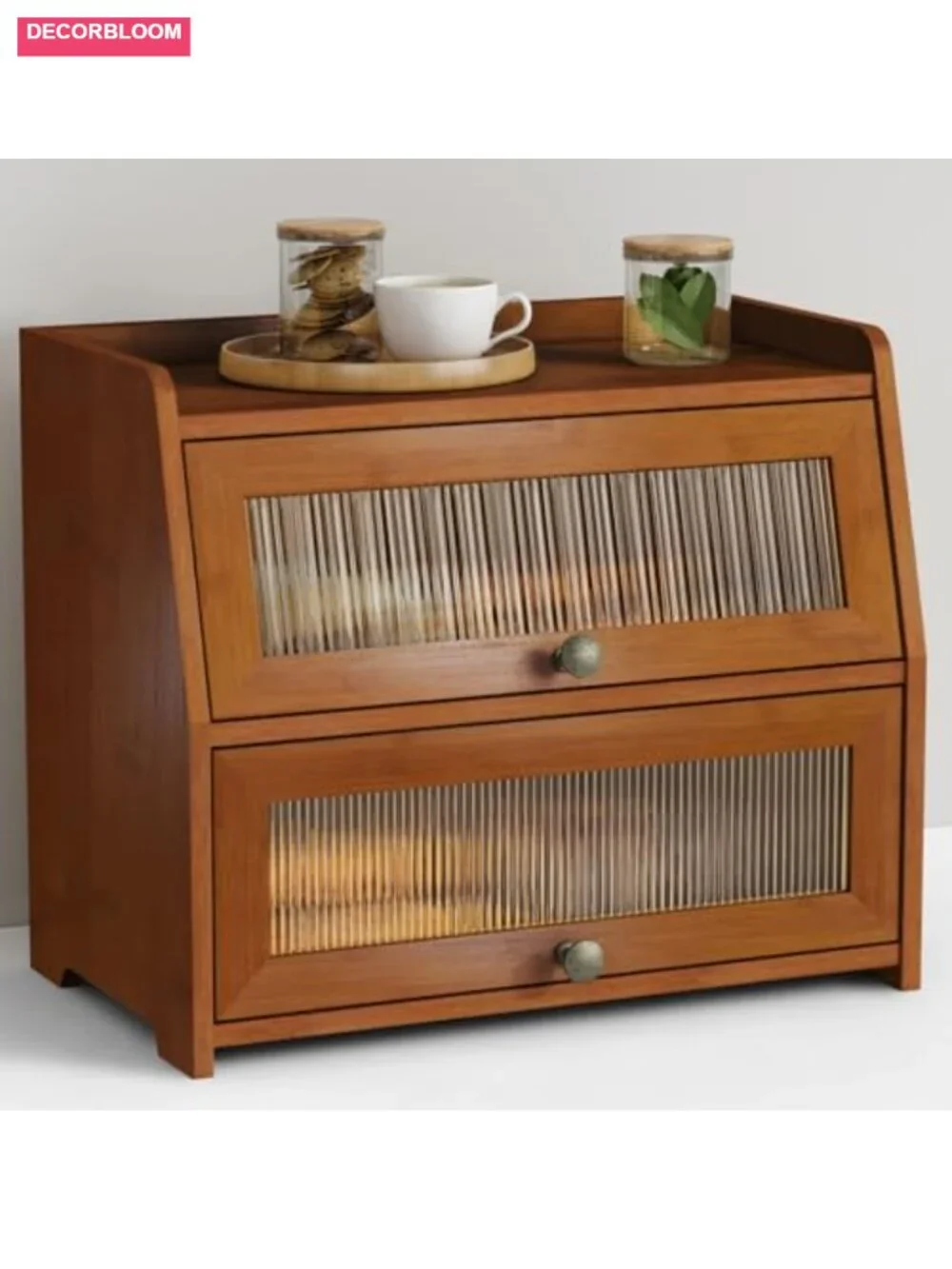 Wooden 2-Tier Bread Box with Bamboo Material and Ventilated Roll Top